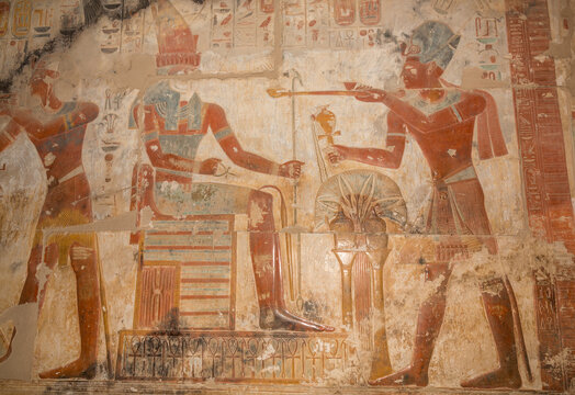 Abydos, Egypt, 13th century BCE. From the temple of Seti I, (New Kingdom). Relief carvings on the walls of the temple.