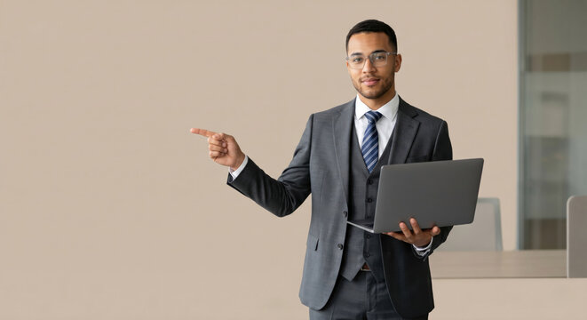 A man in a suit stands in an office, holding a laptop with one hand and pointing with the other. He appears to be discussing a topic with colleagues nearby