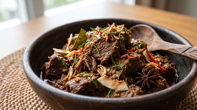 Rich slow-cooked beef rendang with aromatic spices and garnishes