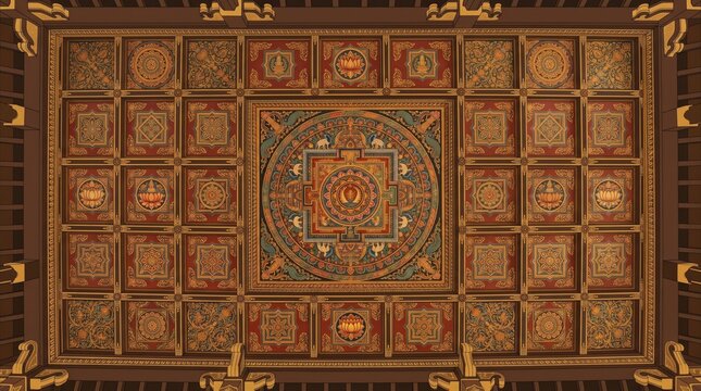 Ornamental gold and red ceiling panel with intricate square motif ornamental architecture