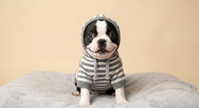 A small dog wearing a striped hoodie sits on a soft blanket. The dog looks at the camera with a cheerful expression. The setting is indoors with a plain background