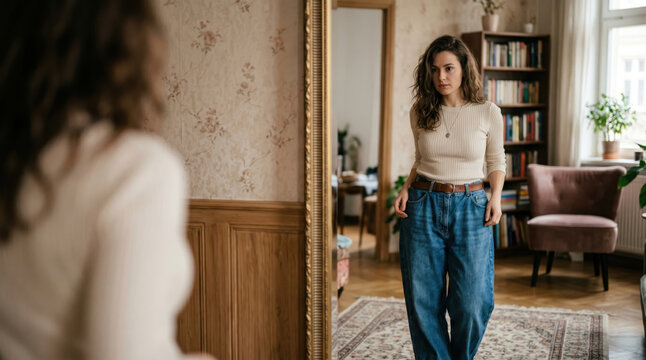 A person stands in a room looking at their reflection in a mirror. The room has a bookshelf, chair, and soft lighting coming through a window. The person wears casual clothes