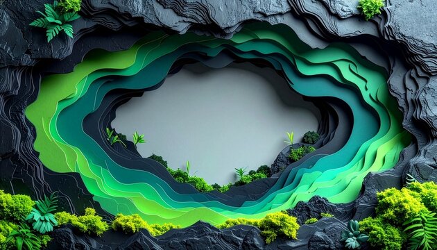 Deep valley paper cut canyon with green moss frame background