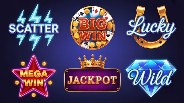 Casino Slot Machine Bonus Symbols Set with Jackpot Wild Scatter Mega Win and Lucky Icons