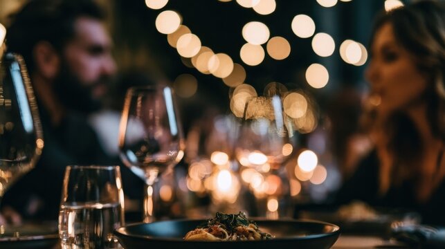Close up of wine glasses and pasta on table during romantic dinner date with bokeh lights