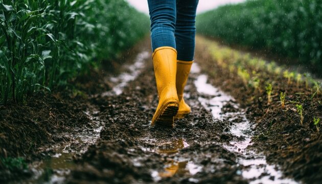 Close up of yellow rubber boots walking on muddy field path between green crops