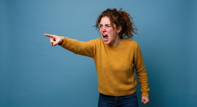 A person stands facing the camera in front of a blue wall. They point their right finger and shout with an expression of anger. The scene shows strong emotions and tension in the moment