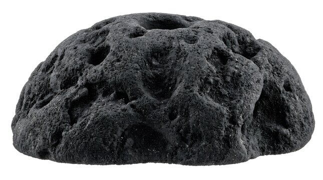 Natural black volcanic lava rock specimen with porous texture on white background.