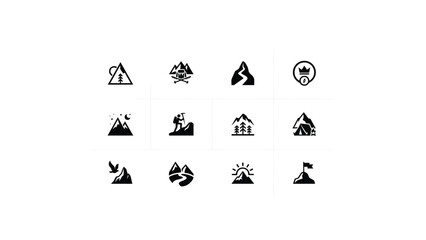 Minimalist black silhouette icons depicting outdoor adventure themes like camping hiking and mountain exploration for branding © Pronab