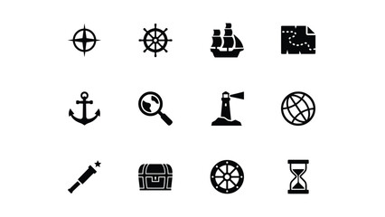Twelve vintage style nautical icons evoke adventure and exploration for travel branding © Pronab