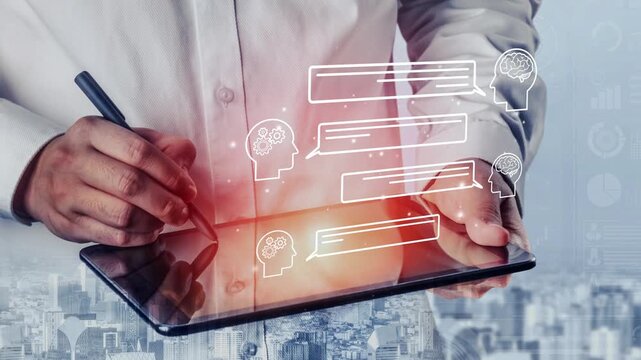 Person in a Light Shirt Holding a Tablet with Digital Chat Icons and Brain Graphics Representing Communication and Technology Integration. Entropy.