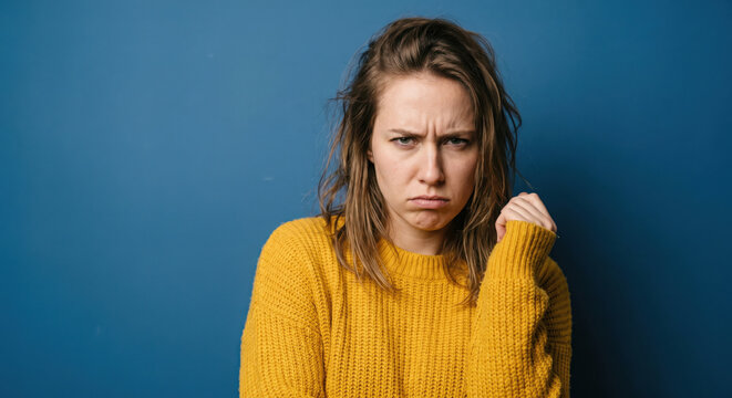 A woman with messy hair stands against a blue wall. She has a displeased expression on her face and clenches her fist. It appears she is experiencing frustration in this moment