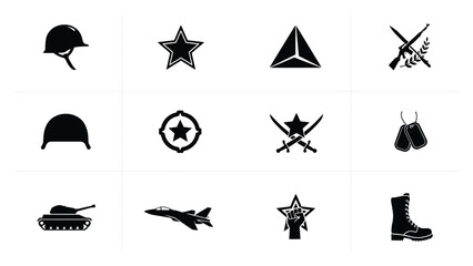 Obraz premium Military inspired flat vector icons set showcasing helmets stars weapons and combat gear for patriotic