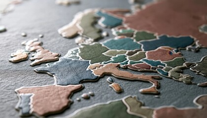 Fototapeta premium Close-up aerial view of a textured map of europe with raised country borders and varied terrain colors