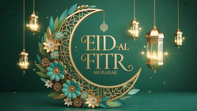 Elegant Eid al Fitr Mubarak Greeting with Crescent Moon and Lanterns