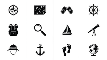 Minimalist adventure exploration icon set showcasing hiking sailing astronomy and discovery themes in sleek black © Pronab