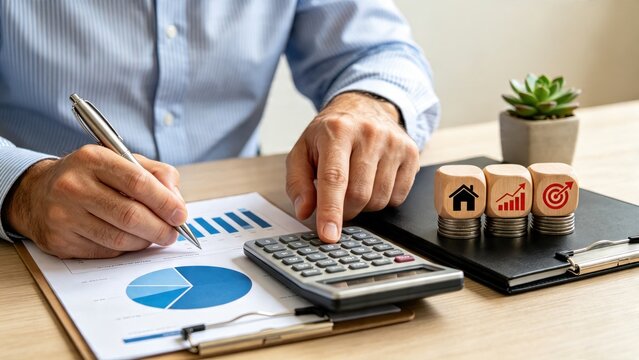 Businessman analyzing financial charts and calculating budget on calculator, planning investment strategy with wooden blocks icons