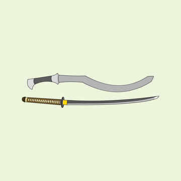 Premium cartoon illustration set of historical swords featuring a traditional Japanese katana and a curved khukuri blade. Perfect for gaming weapon assets, martial arts logos, and historic designs.