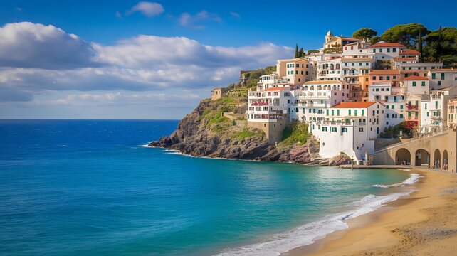 Colorful Coastal Village on Mediterranean Sea with Sandy Beach
