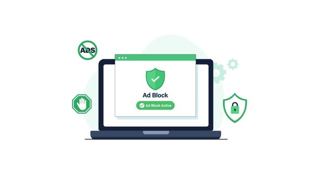 4k Laptop with Ad Block Pop-up, Security Shield. Online Privacy Concept Animation Video