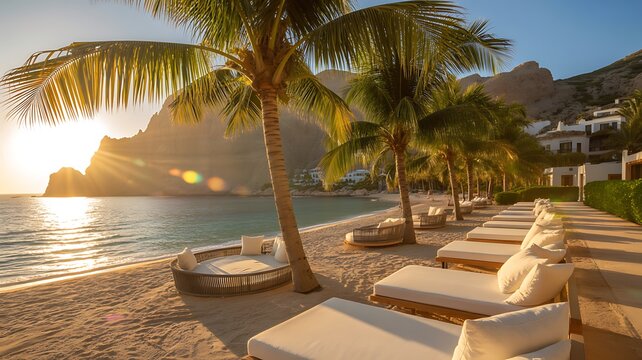Luxury Tropical Beach Resort with Palm Trees and Ocean Sunset