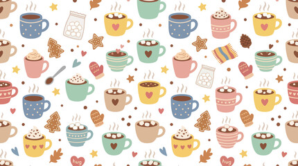 Fototapeta premium Cute Hot Chocolate Mugs and Christmas Cookies Vector Pattern