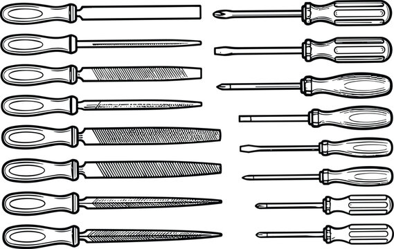 Collection of Hand Files and Screwdrivers Workshop Tools Vector Line Illustration Set