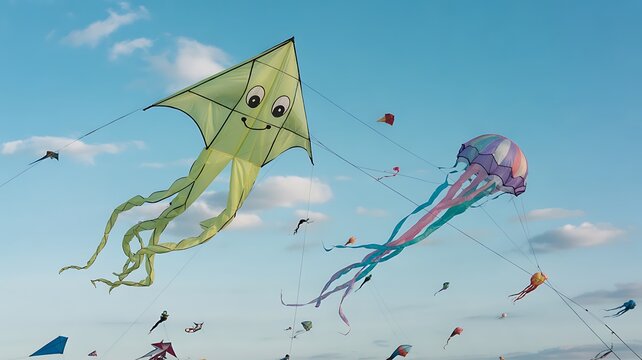 Colorful Octopus Kite Flying in Blue Sky During Kite Festival