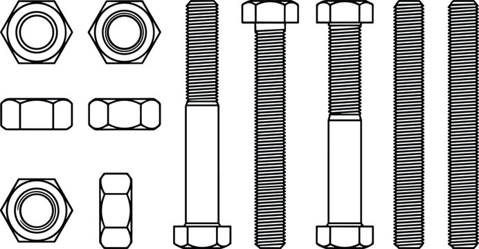 Collection of Hex Bolts Threaded Rods and Hex Nuts Vector Line Illustration Set
