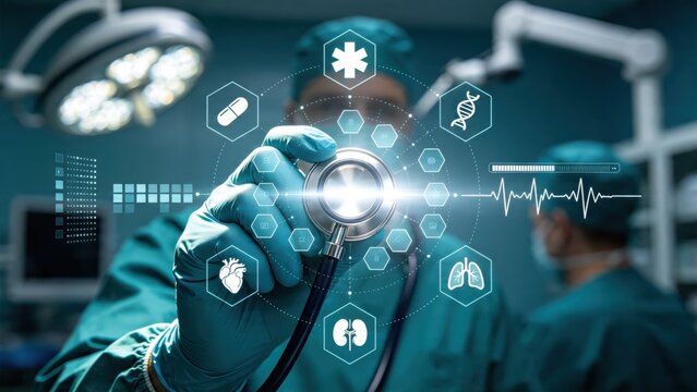 Surgeon holding stethoscope with futuristic medical hologram icons, healthcare innovation and advanced diagnostic technology concept in operating room