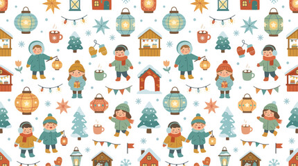 Fototapeta premium Winter Market Children with Lanterns and Festive Decorations Seamless Pattern Flat