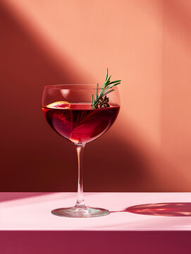 Premium elegant professional studio lighting still life cocktail with morandi pink color palette and sharp diagonal shadows for luxury restaurant wine list and chic fashion layout