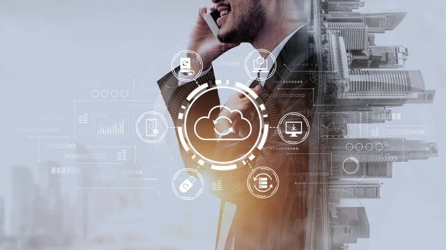 Professional Businessman Engaging in Telecommunications with Technology Cloud Graphics and Urban Skyline Background for Modern Corporate Themes. Entropy.