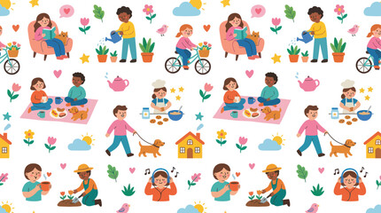 Fototapeta premium Flat style illustration of children enjoying outdoor activities and hobbies