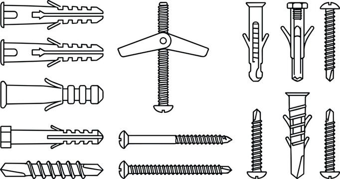 Collection of Wall Anchors Drywall Fasteners and Expansion Screws Vector Line Illustration