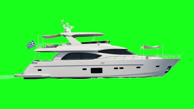 A sleek, high-end white superyacht side profile is isolated against a chroma key green screen. This premium maritime asset is ideal for travel promos, luxury lifestyle ads, or movie visual effects com
