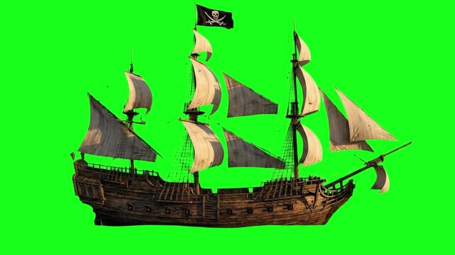 A multi-masted wooden pirate galleon ship with billowing canvas sails and a black skull and crossbones flag on a green screen. Ideal for maritime adventure films, historical sea battle scenes, and cus