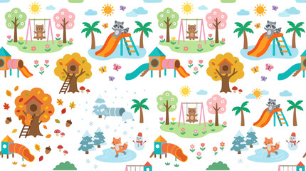 Naklejka premium Cute Animals on Playgrounds Across Four Seasons Flat Vector Seamless Pattern for Kids