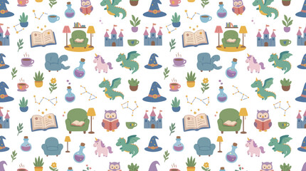 Fototapeta premium Cute Fantasy Seamless Pattern: Dragons, Castles, Unicorns, Books, Owls