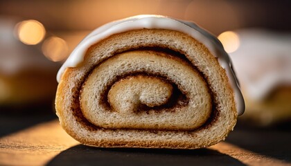 Fototapeta premium Delicious cinnamon roll cut in half with white icing on top, placed on a wooden table with a warm background