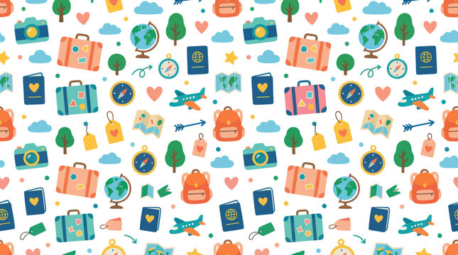 Cute Travel Pattern, Cute Suitcases, Globes, Cameras, Passports