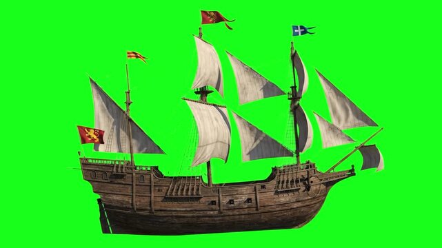 A classic 3D model of an old wooden pirate ship with open fabric sails and waving flags moving against a chroma key green background. Ideal for historical reenactments, fantasy films, and maritime adv