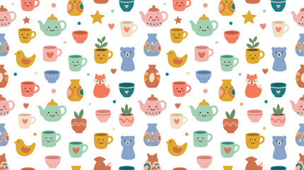 Fototapeta premium Cute Kawaii Tea Party Pattern with Teapots, Cups, and Animals - Flat Design