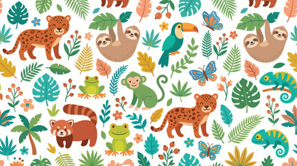 Fototapeta premium Cute Flat Cartoon Jungle Animals Seamless Pattern with Tropical Wildlife and Exotic Flora Vector Illustration