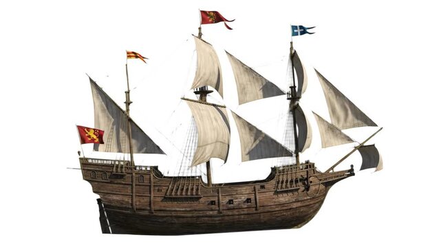 A detailed 3D render of an old wooden galleon pirate ship with fabric sails and decorative flags isolated on a clean white background. Ideal for historical presentations, adventure-themed videos, and 