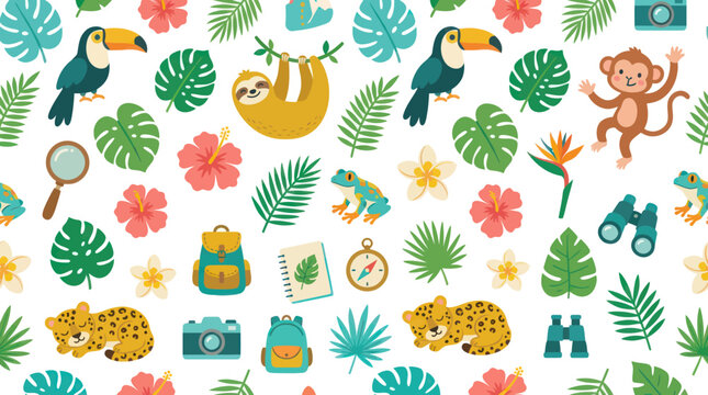 Jungle Wildlife Adventure: Seamless Flat Cartoon Pattern with Tropical Animals, Plants, and Explorer Gear