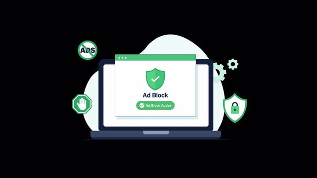 Laptop with Ad Block Pop-up, Security Shield. Online Privacy Concept Animation Video - Transparent