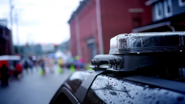 Crime Filler Police Lights Near Crowded Intersection on Cinematic Rainy Day.