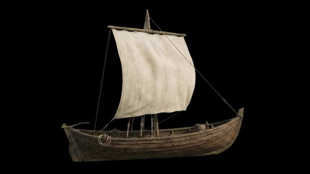 A detailed 3D ancient wooden Viking longship or sailboat with a large fabric sail, isolated on a solid dark black background. Excellent for historical documentaries, nautical adventure games, maritime