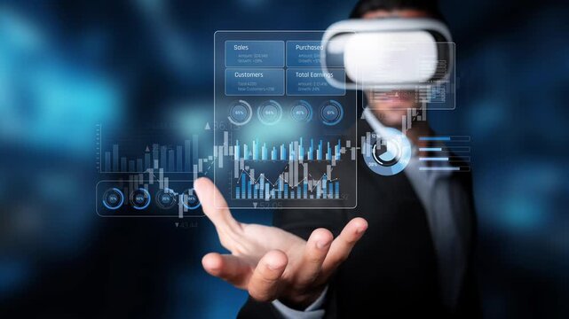 A business professional utilizes virtual reality to interact with data analytics and visualization tools in a high-tech environment, blending innovation with technology. Raster